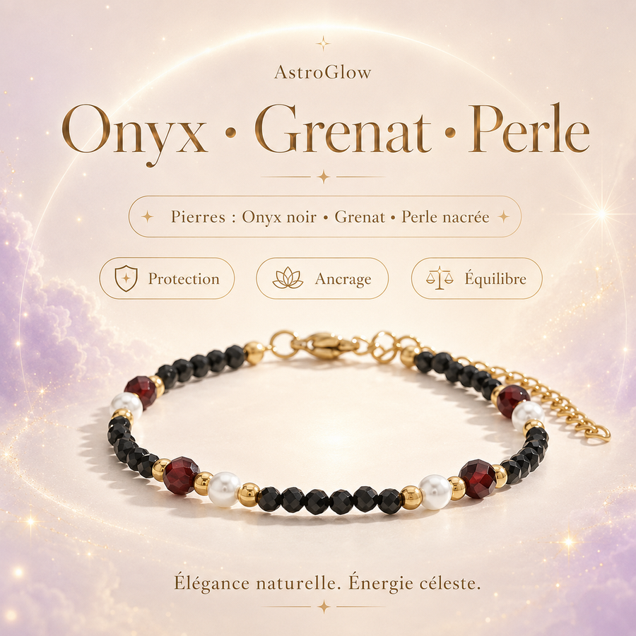 Bracelet Onyx · Grenat · Perle — Protection & Élégance Naturelle