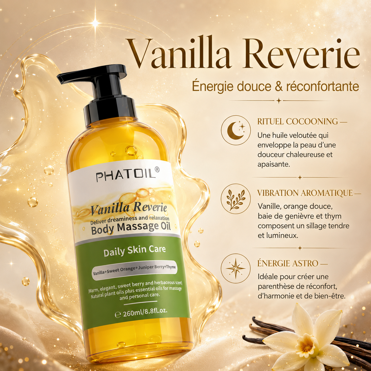 Vanilla Reverie – Huile de Massage Corps — Douceur Veloutée & Réconfort