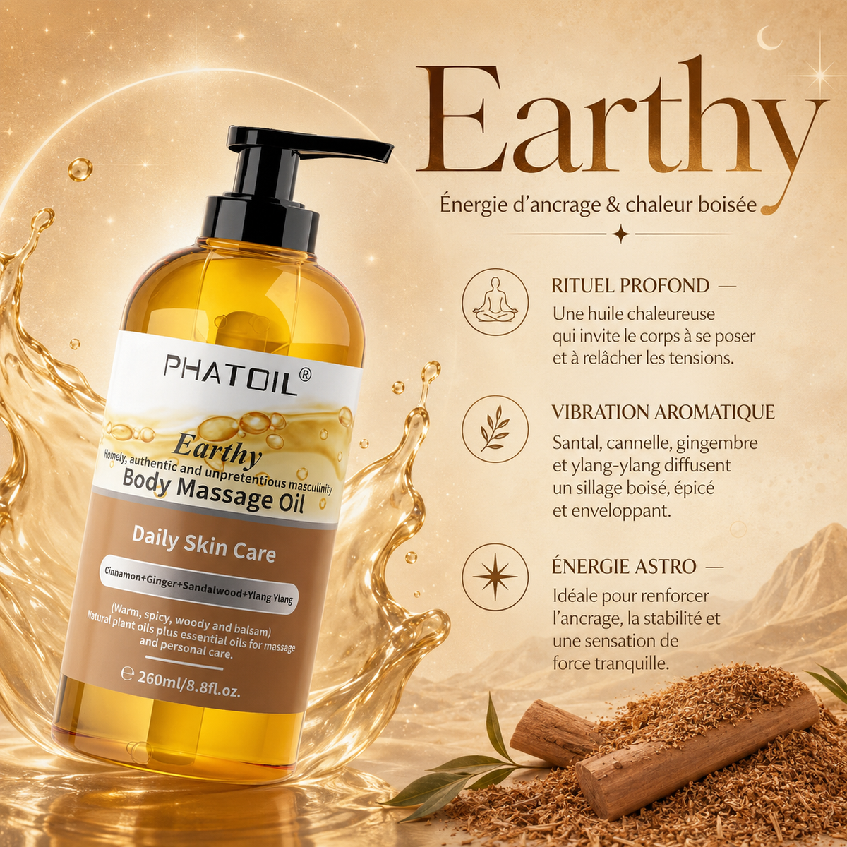 Earthy – Huile de Massage Corps — Ancrage Boisé & Force Tranquille