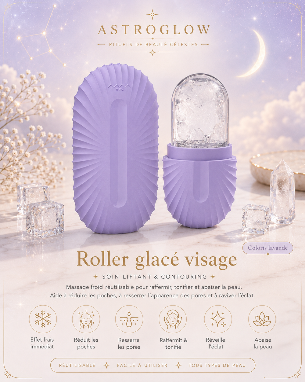 Roller Glacé Visage — Lavande · Soin Liftant & Contouring