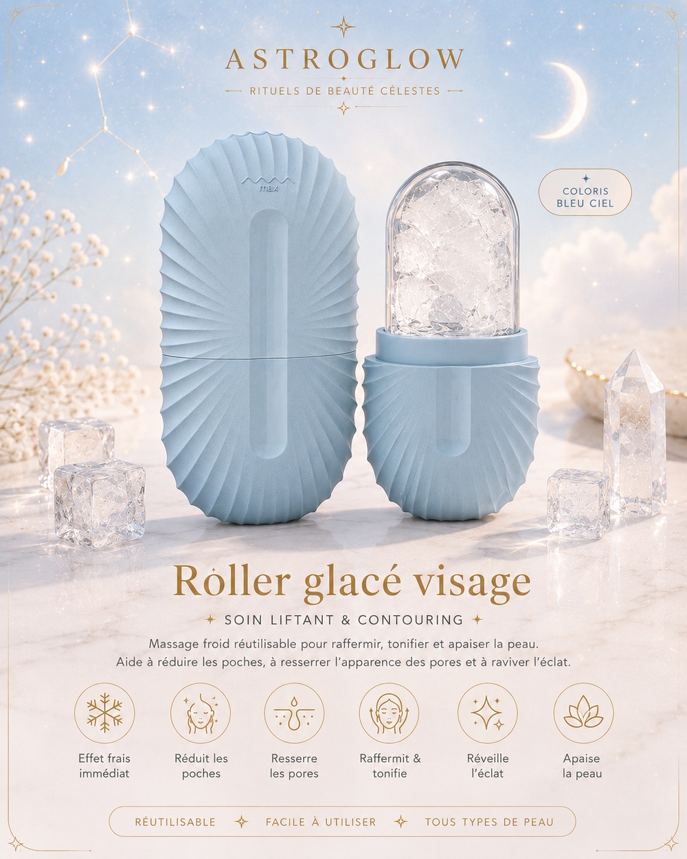 Roller Glacé Visage — Bleu Ciel · Soin Liftant & Contouring