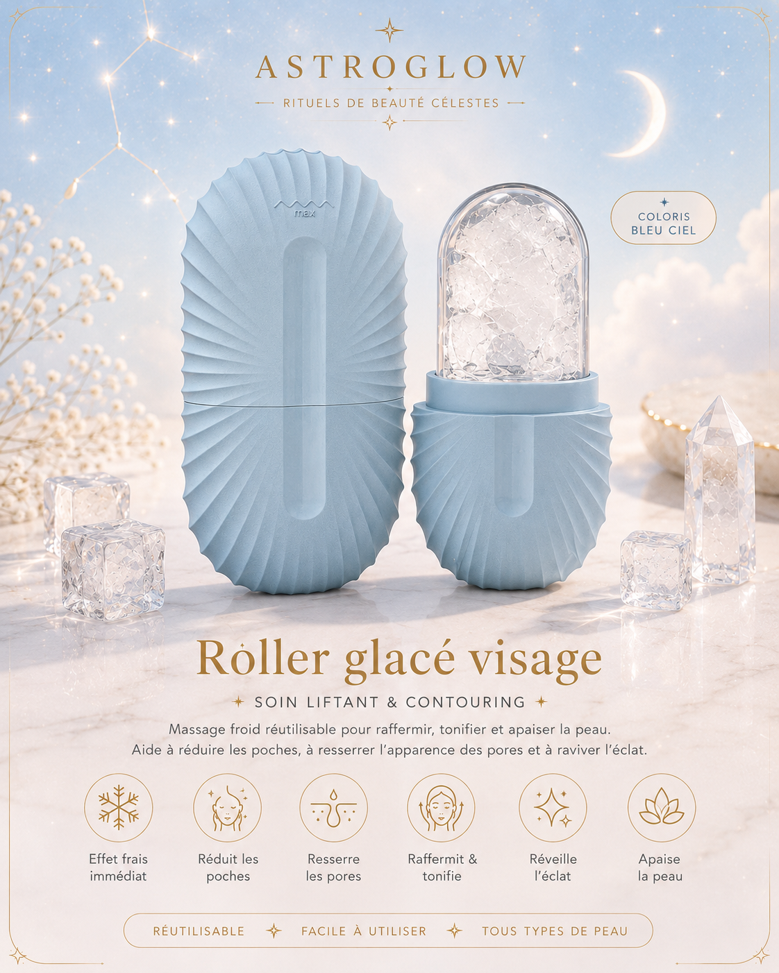Roller Glacé Visage — Bleu Ciel · Soin Liftant & Contouring