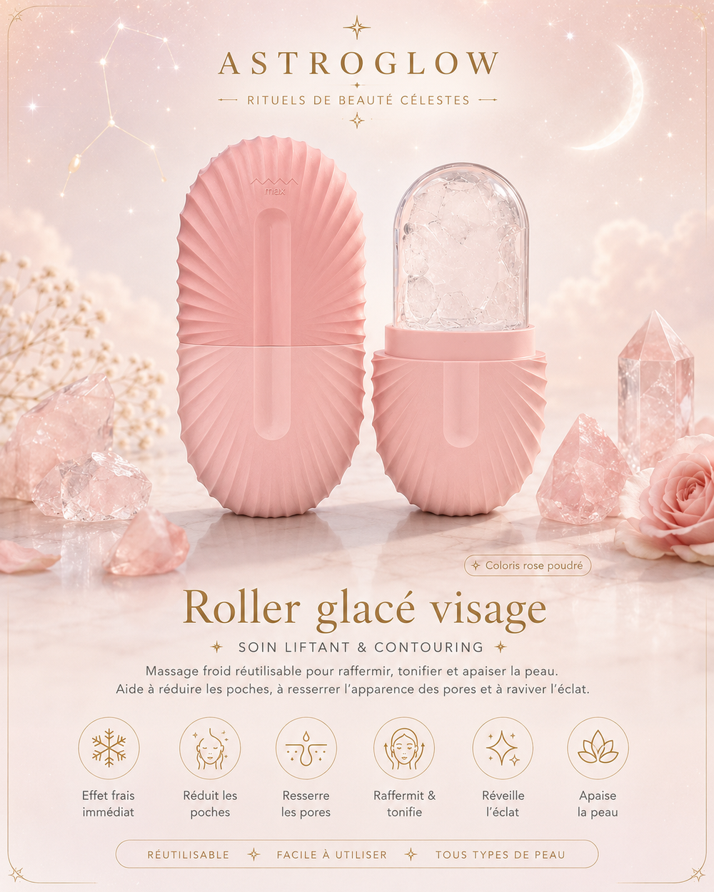 Roller Glacé Visage — Rose Poudré · Soin Liftant & Contouring